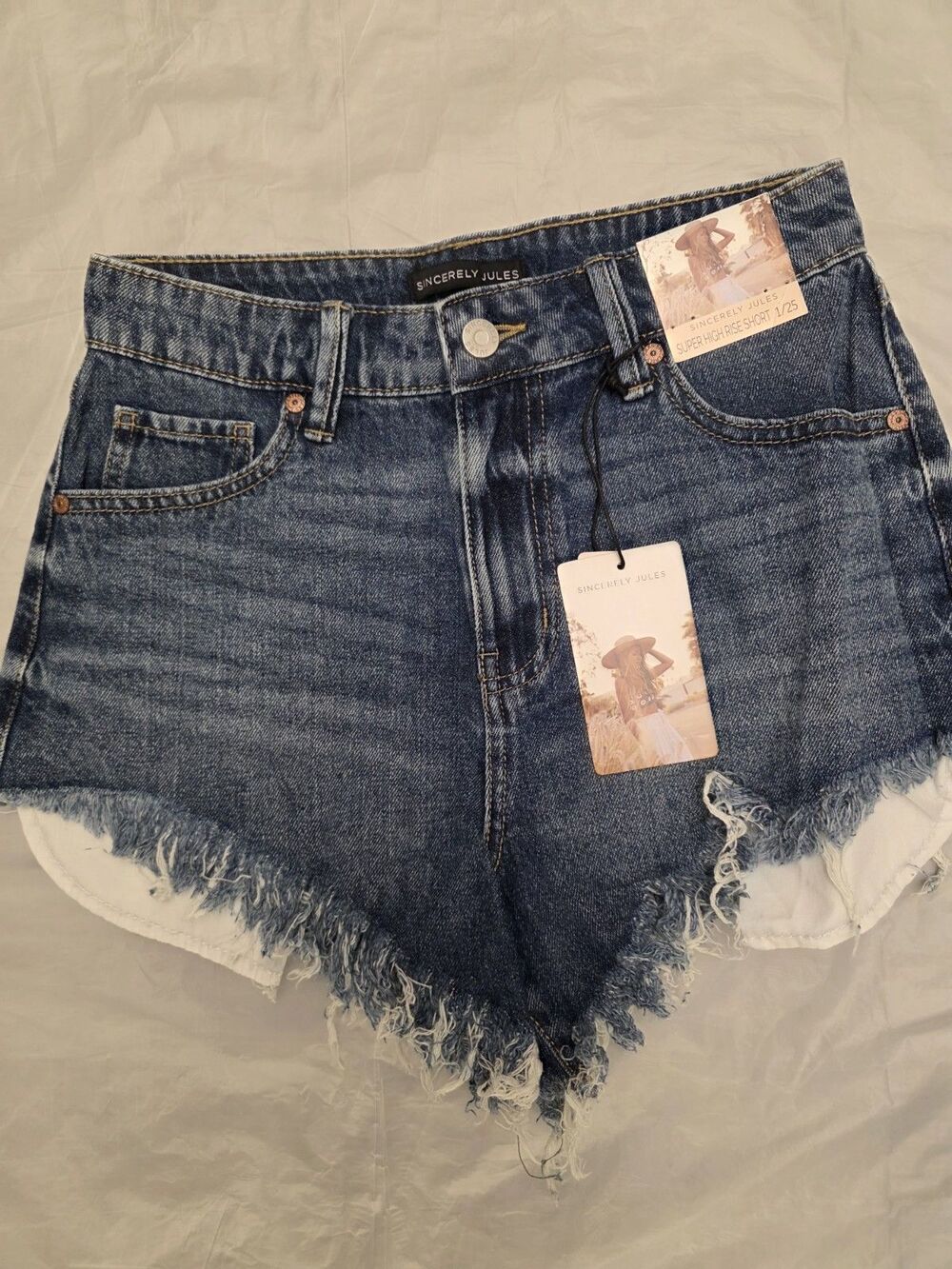 Sincerely Jules Women Distressed Denim Short Blue High Rise Frayed Hem Size 7/28